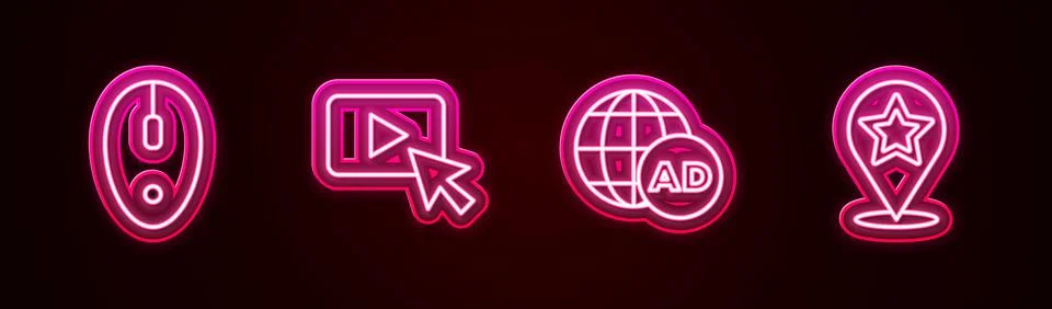 Set line Computer mouse, Advertising, and Map pointer with star. Glowing neon Illustrazione stock