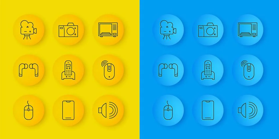 Set line Computer mouse, Air headphones, Telephone, Speaker volume, Wireles.. Illustrazione stock