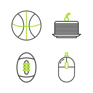 Set line Computer mouse, American Football ball, Cake and Basketball icon Illustrazione stock