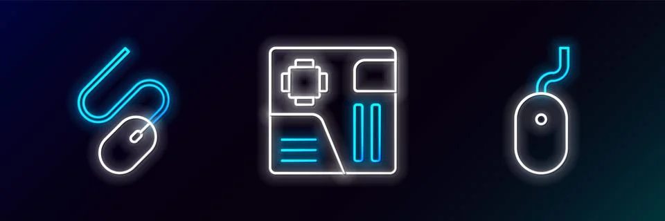 Set line Computer mouse,  and Motherboard digital chip icon. Glowing neon. Ve イラスト素材