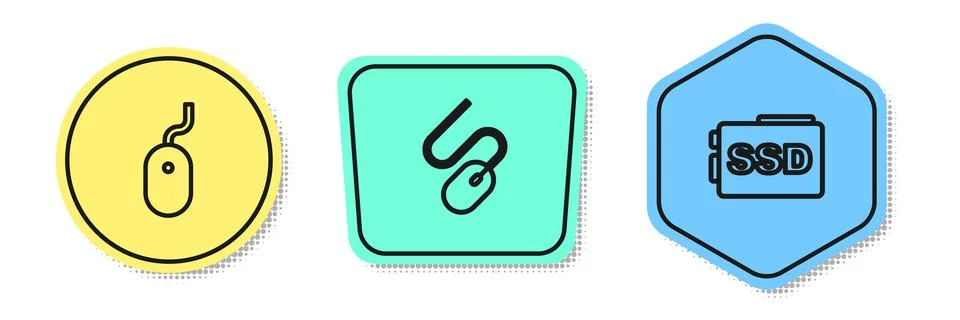 Set line Computer mouse,  and SSD card. Colored shapes. Vector Illustrazione stock