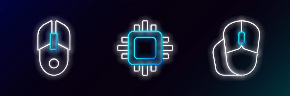 Set line Computer mouse, and Processor with CPU icon. Glowing neon. Vector イラスト素材
