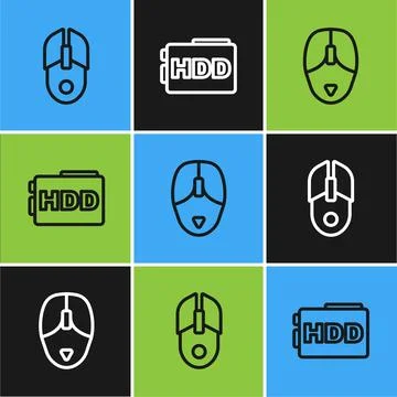 Set line Computer mouse,  and Hard disk drive HDD icon. Vector Illustrazione stock