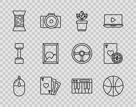 Set line Computer mouse, Basketball ball, Flowers in pot, Playing card with.. Stockillustratie