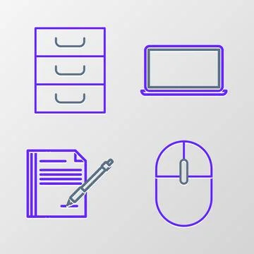Set line Computer mouse, Blank notebook and pen, Laptop and Drawer with Stock Illustration