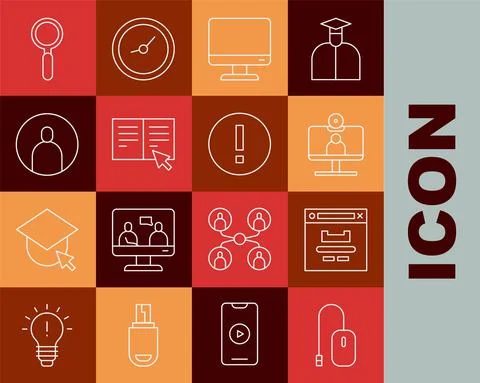 Set line Computer mouse, Browser window, Video chat conference, monitor screen Stock Illustration