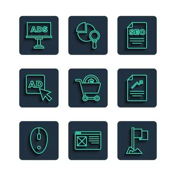 Set line Computer mouse, Browser window, Location marker, SEO optimization Stock Illustration