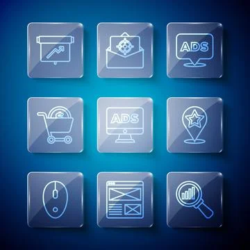 Set line Computer mouse, Browser window, Magnifying glass and analysis, Adver Stock Illustration