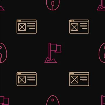 Set line Computer mouse, Browser window and Location marker on seamless pattern Illustrazione stock