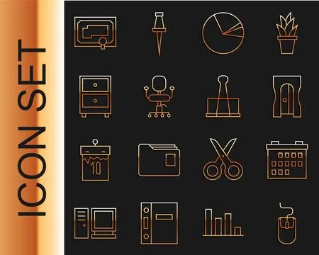 Set line Computer mouse, Calendar, Pencil sharpener, Pie chart infographic Illustrazione stock