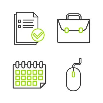 Set line Computer mouse, Calendar, Briefcase and Document and check mark icon Stock Illustration