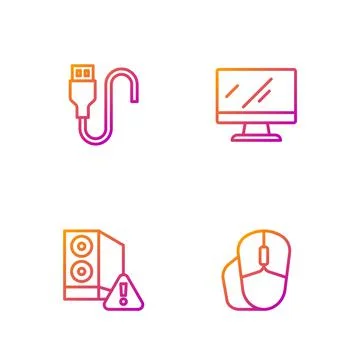 Set line Computer mouse, Case of computer, USB cable cord and monitor screen Illustrazione stock