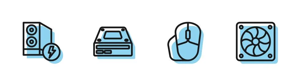 Set line Computer mouse, Case of computer, Optical disc drive and cooler icon Stock Illustration