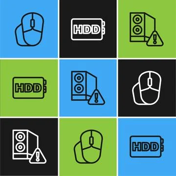 Set line Computer mouse, Case of computer and Hard disk drive HDD icon. Vecto Stock Illustration