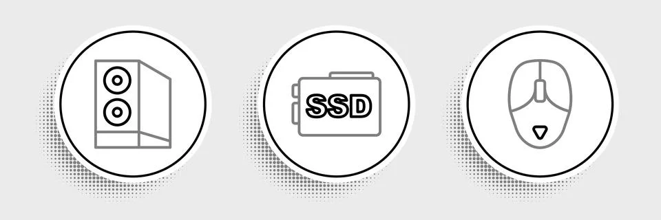 Set line Computer mouse, Case of computer and SSD card icon. Vector 스톡 일러스트