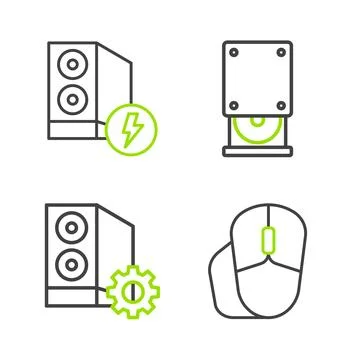 Set line Computer mouse, Case of computer, Optical disc drive and  icon. Vect Stock Illustration
