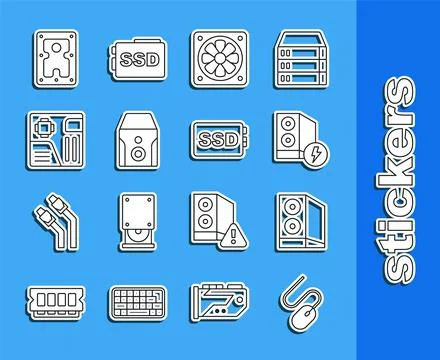 Set line Computer mouse, Case of computer, cooler, Uninterruptible power su.. Illustrazione stock