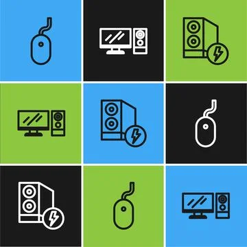 Set line Computer mouse, Case of computer and monitor icon. Vector Stock Illustration