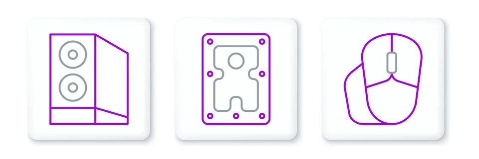 Set line Computer mouse, Case of computer and Hard disk drive HDD icon. Vecto Stock Illustration
