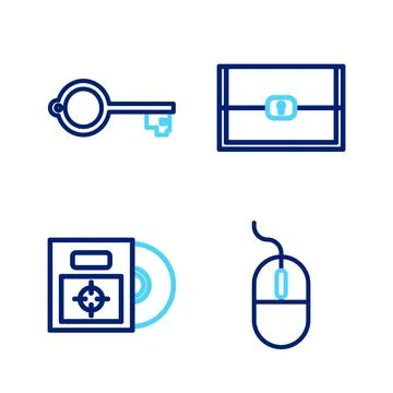 Set line Computer mouse, CD or DVD disk in box, Chest for game and Ancient key Stock Illustration