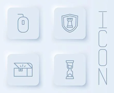 Set line Computer mouse, Chess shield, Chest for game and Old hourglass. White Stock Illustration