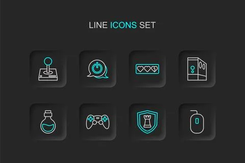 Set line Computer mouse, Chess shield, Game controller or joystick, Bottle .. 스톡 일러스트