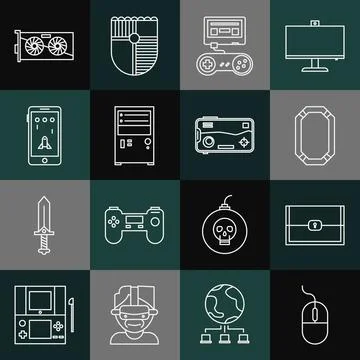 Set line Computer mouse, Chest for game, Poker table, Game console with joystick Stock Illustration