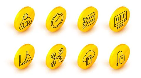 Set line Computer mouse, Cloud or online library, Online class, Student working Stock Illustration