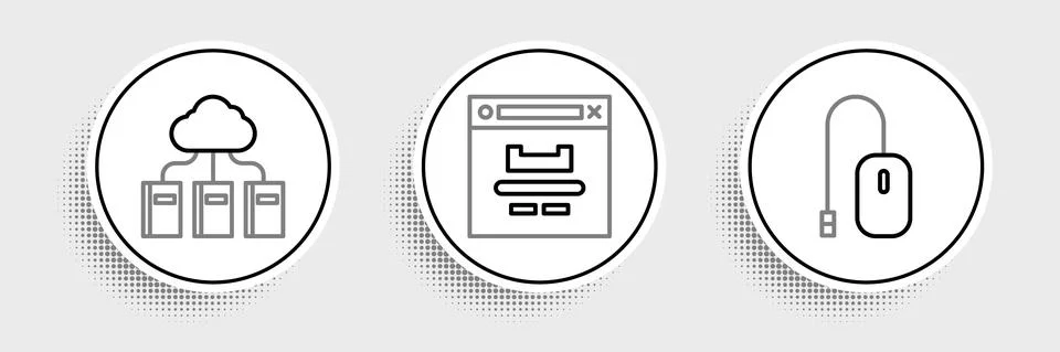 Set line Computer mouse, Cloud or online library and Browser window icon. Vector Stock Illustration