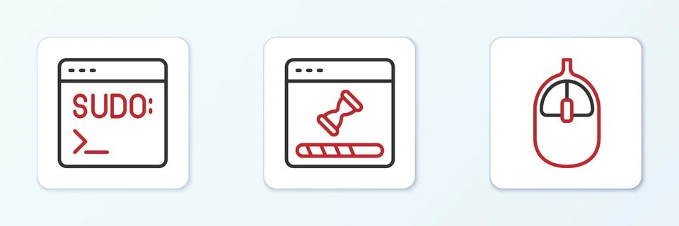 Set line Computer mouse, Code terminal and Loading data window icon. Vector Illustrazione stock