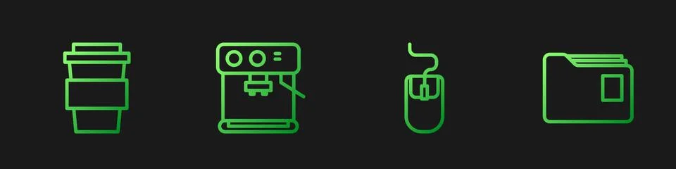 Set line Computer mouse, Coffee cup to go, machine and Document folder. Gradient 库存插图