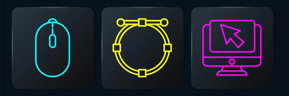 Set line Computer mouse, Computer monitor and cursor and Circle with Bezier Illustrazione stock