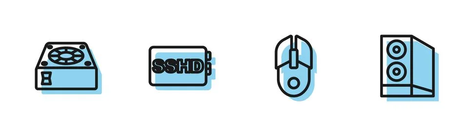 Set line Computer mouse, cooler, SSHD card and Case of computer icon. Vector Stock Illustration