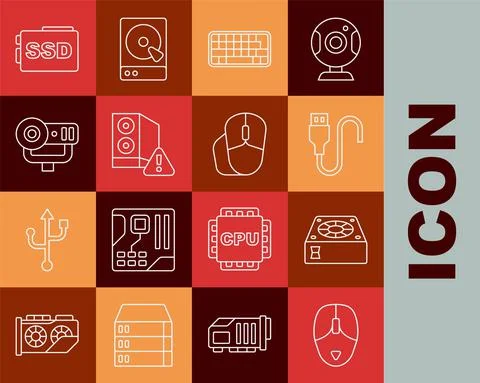 Set line Computer mouse, cooler, USB cable cord, Keyboard, Case of computer, Web Stock Illustration