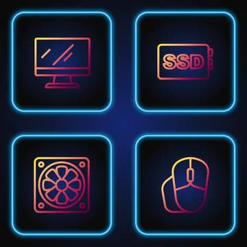 Set line Computer mouse, cooler, monitor screen and SSD card. Gradient color Illustrazione stock