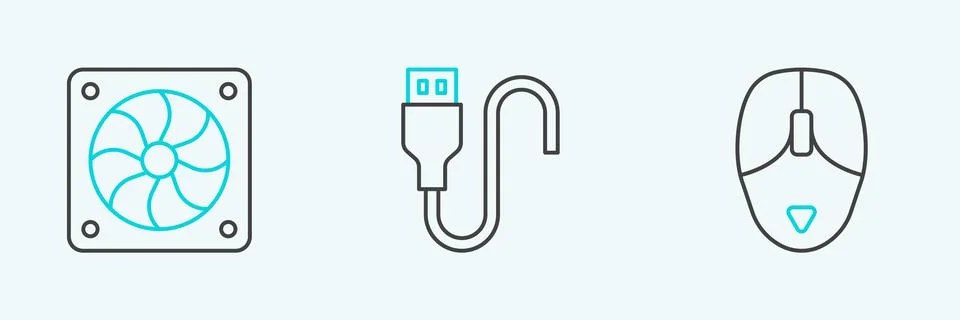 Set line Computer mouse, cooler and USB cable cord icon. Vector イラスト素材