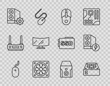 Set line Computer mouse, cooler, Case of computer, monitor screen, Uninterr.. 库存插图