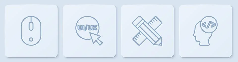 Set line Computer mouse, Crossed ruler and pencil, UI or UX design and Front end Stock Illustration