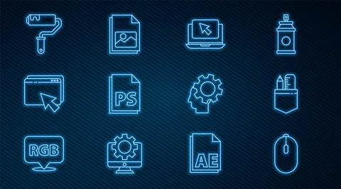 Set line Computer mouse, Crossed ruler and pencil, Laptop cursor, PS File d.. Stock Illustration