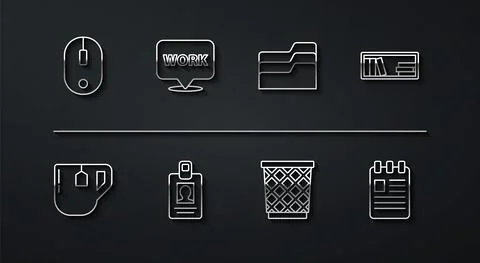 Set line Computer mouse, Cup of tea with tea bag, Shelf books, Trash can Illustrazione stock