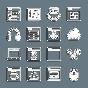 Set line Computer mouse, Debugging, Web development, Processor with Stock Illustration