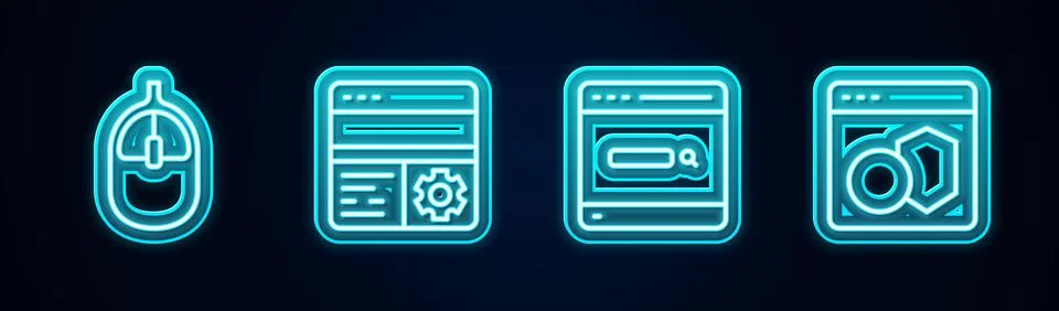 Set line Computer mouse, Debugging, Search engine and Software. Glowing neon  Illustrazione stock