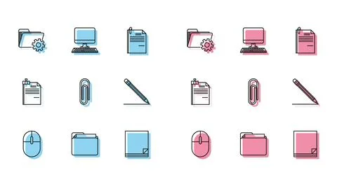 Set line Computer mouse, Document folder, Folder settings with gears, File Illustrazione stock