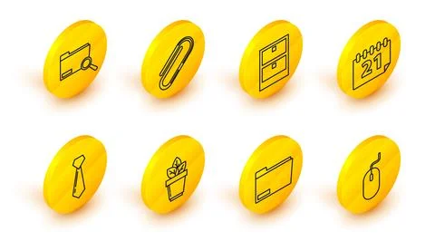 Set line Computer mouse, Document folder, Flowers in pot, Tie, Calendar, Ar.. Illustrazione stock