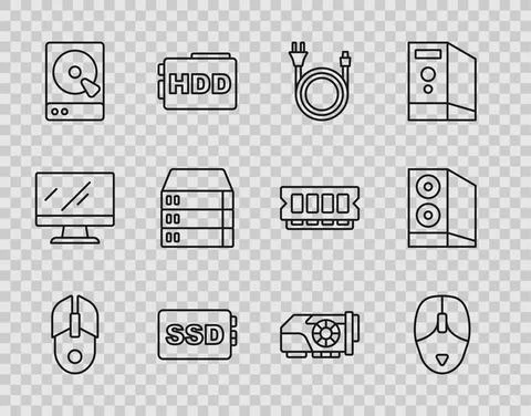 Set line Computer mouse, Electric plug, SSD card, Hard disk drive HDD, Server Illustrazione stock