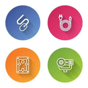 Set line Computer mouse, Electric plug, Hard disk drive HDD and Web camera Stock Illustration