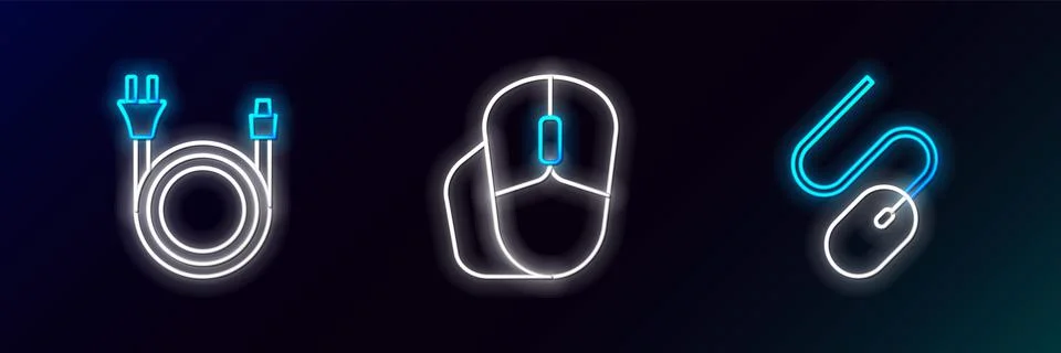 Set line Computer mouse, Electric plug and  icon. Glowing neon. Vector Stock Illustration