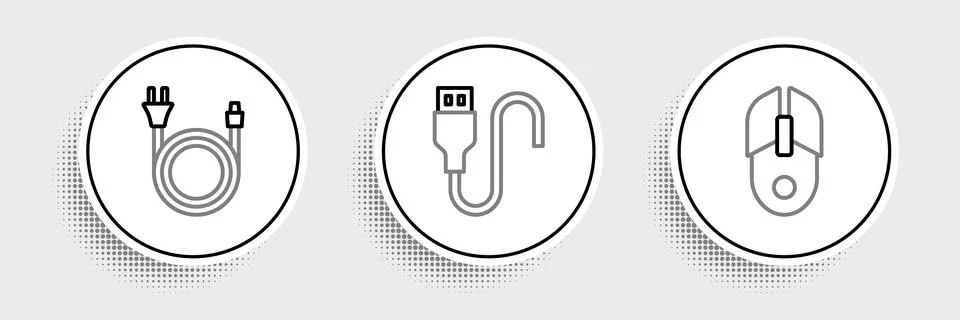 Set line Computer mouse, Electric plug and USB cable cord icon. Vector Stockillustratie
