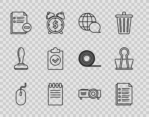 Set line Computer mouse, File document, World map made from speech bubble 스톡 일러스트