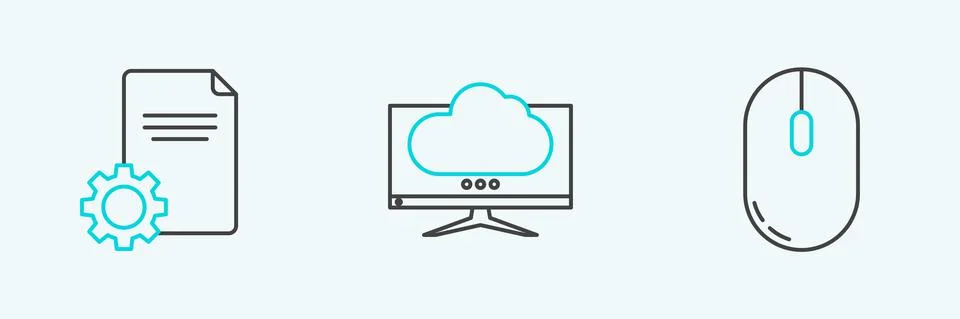 Set line Computer mouse, File document and monitor screen icon. Vector Stock Illustration